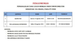 Pengumuman: Pemanggilan Divisi Crew Umum Smelter PT VDNI, Cek Nama Anda di Sini